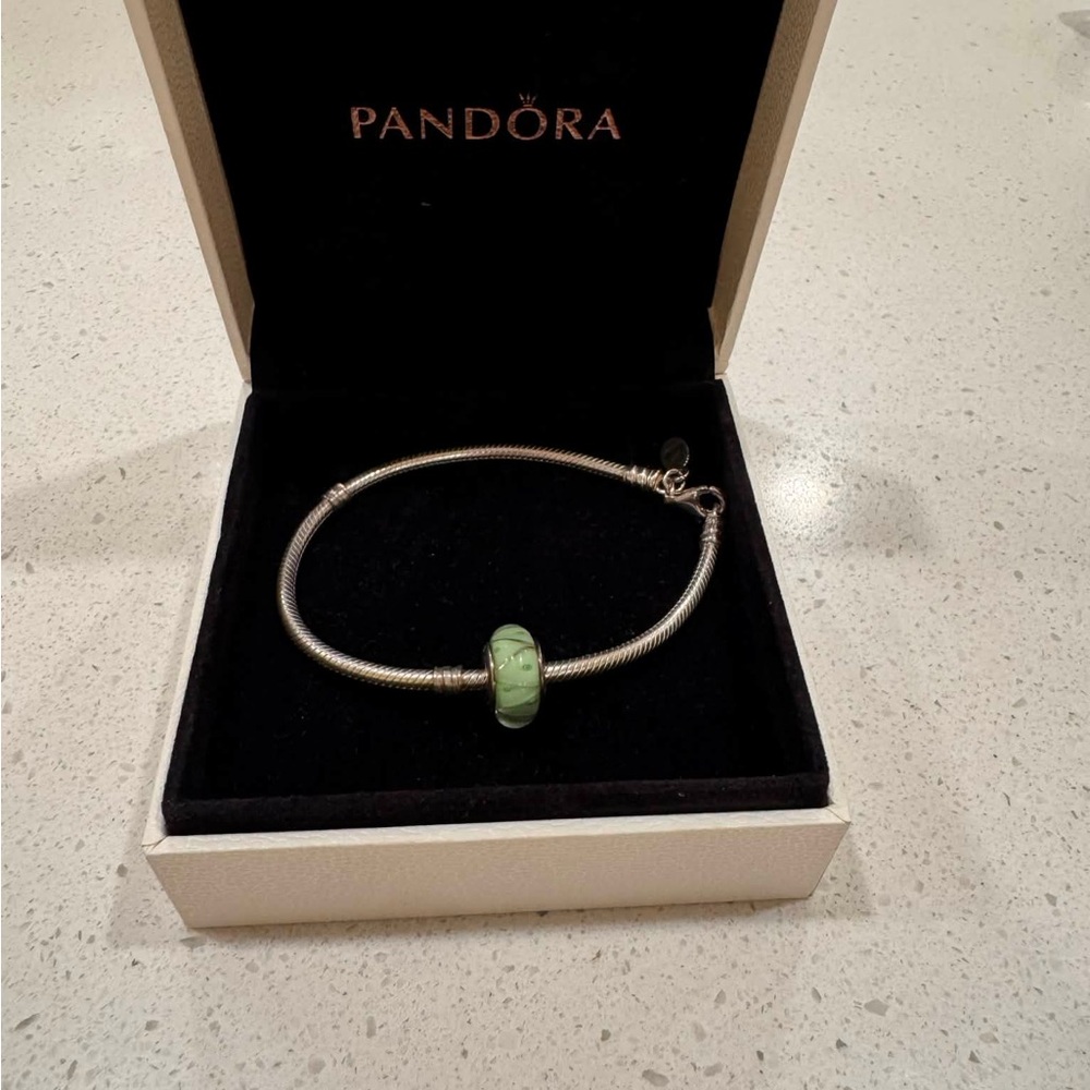 Pandora Moments Snake chain bracelet ALE 925 silver Lobster Clasp w/ Green Charm